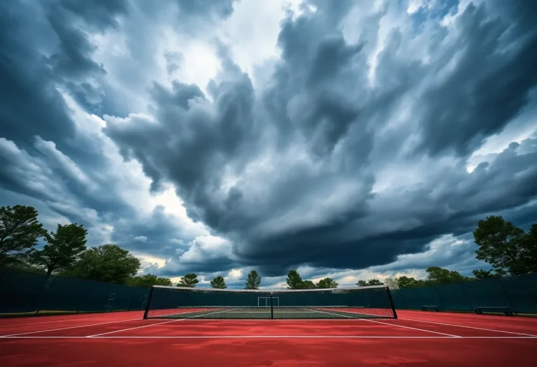Severe weather clouds over a tennis court