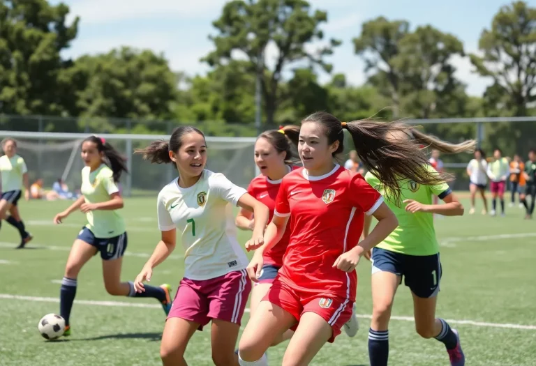 High school girls' soccer teams competing during a match