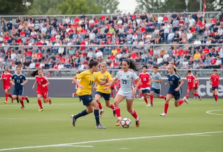 High school soccer players competing on a sunny field in Sioux City.