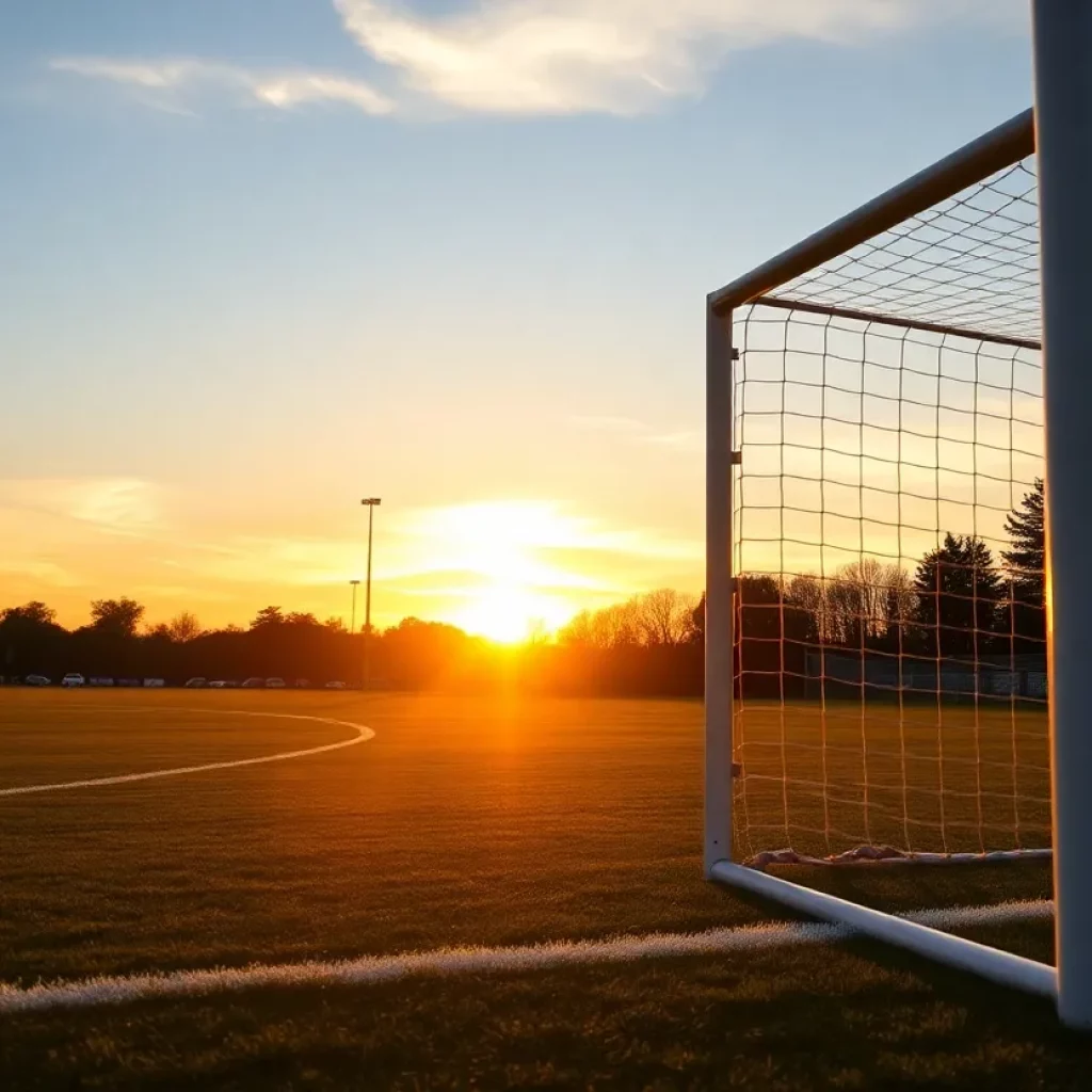 A sunset over a soccer field with a goalpost