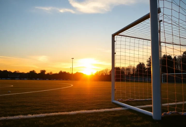 A sunset over a soccer field with a goalpost