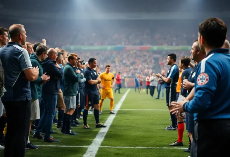 Spectators and referees at a disrupted soccer match discussing safety concerns.