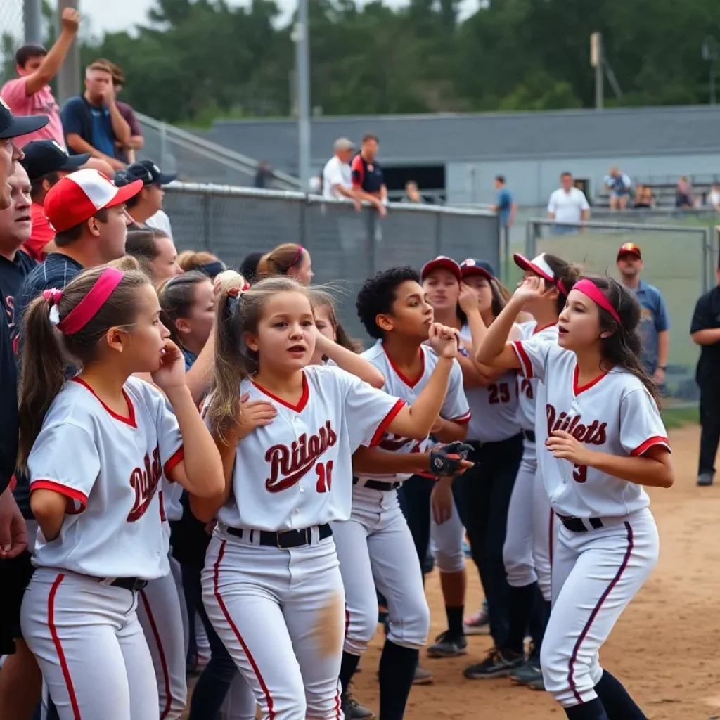 Spectators react to a brawl at a high school softball game
