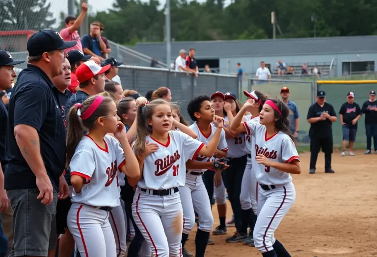 Spectators react to a brawl at a high school softball game