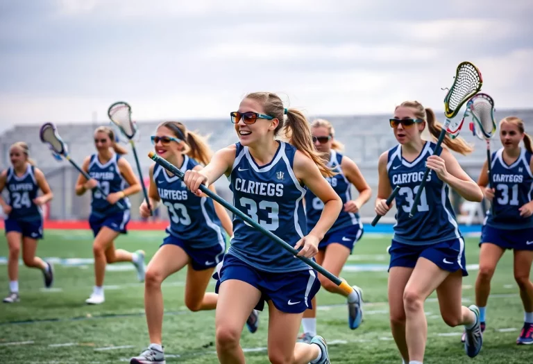 Girls lacrosse team from Sonoma Valley High School playing a game.