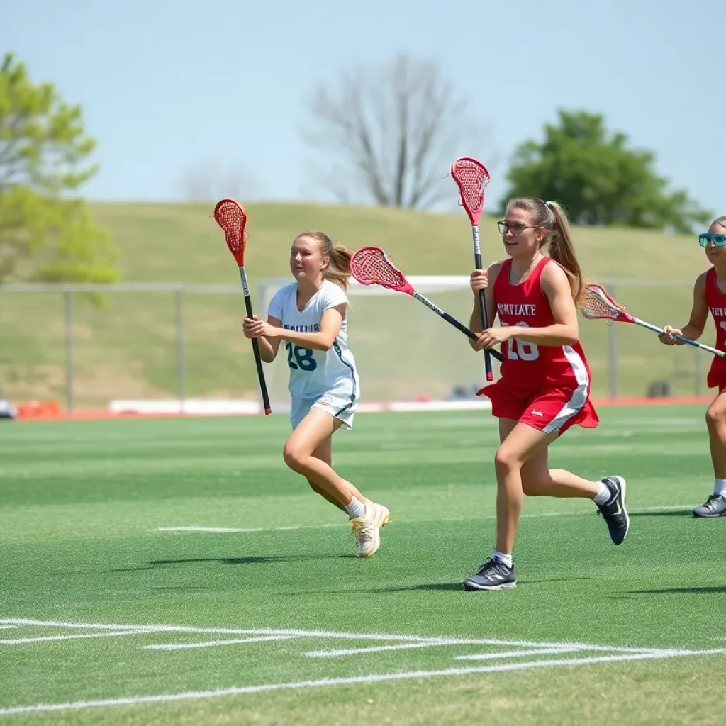 Girls lacrosse players competing energetically on the field.