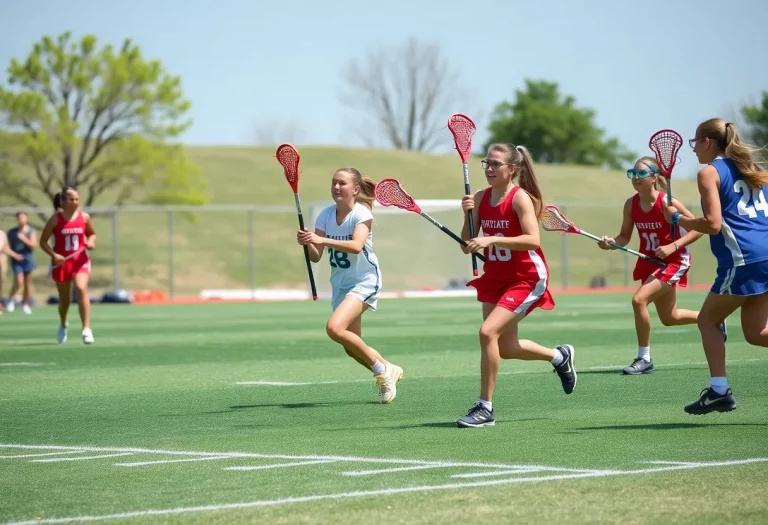 Girls lacrosse players competing energetically on the field.