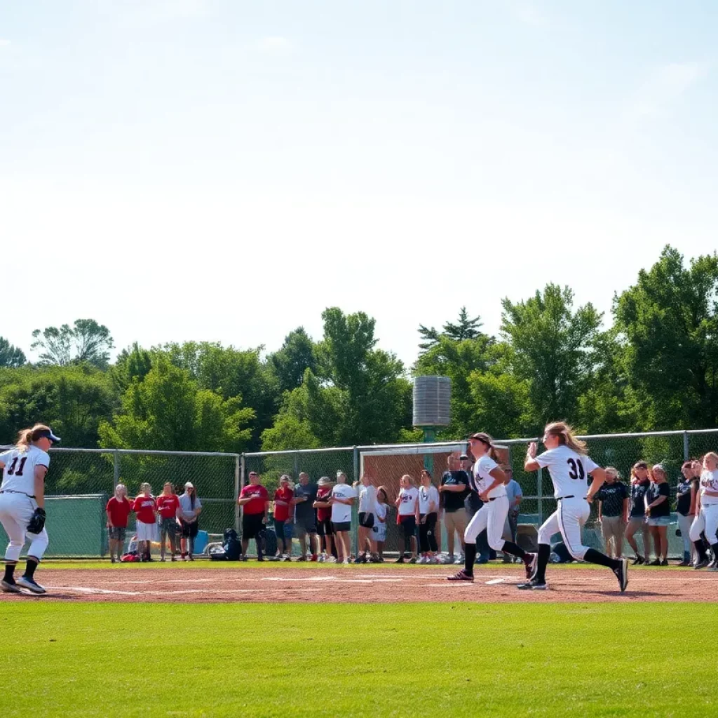 High school softball teams competing on the field