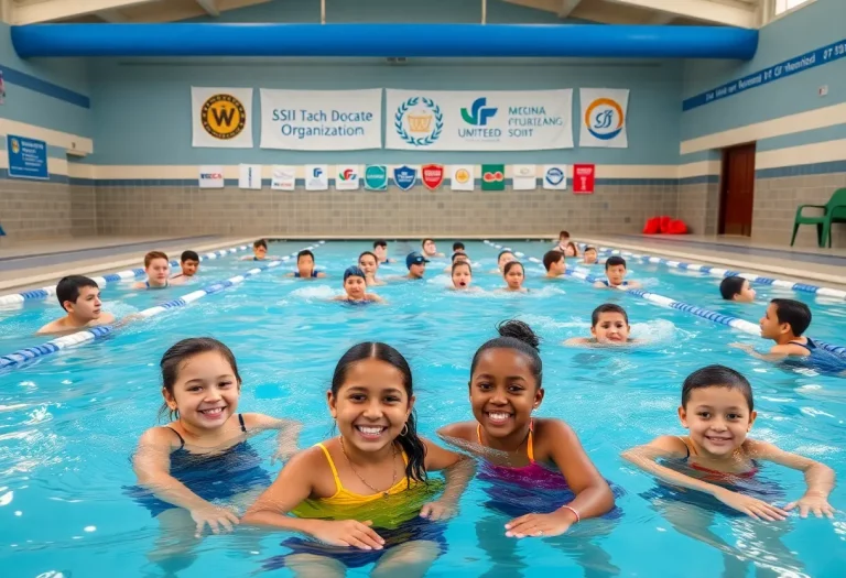 High school students participating in swimming lessons at a community pool.
