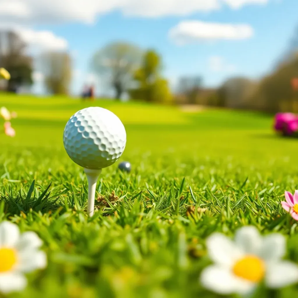 Golf course in bloom during spring with a golf ball on a tee