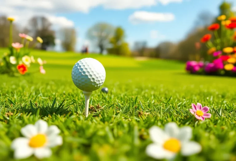 Golf course in bloom during spring with a golf ball on a tee