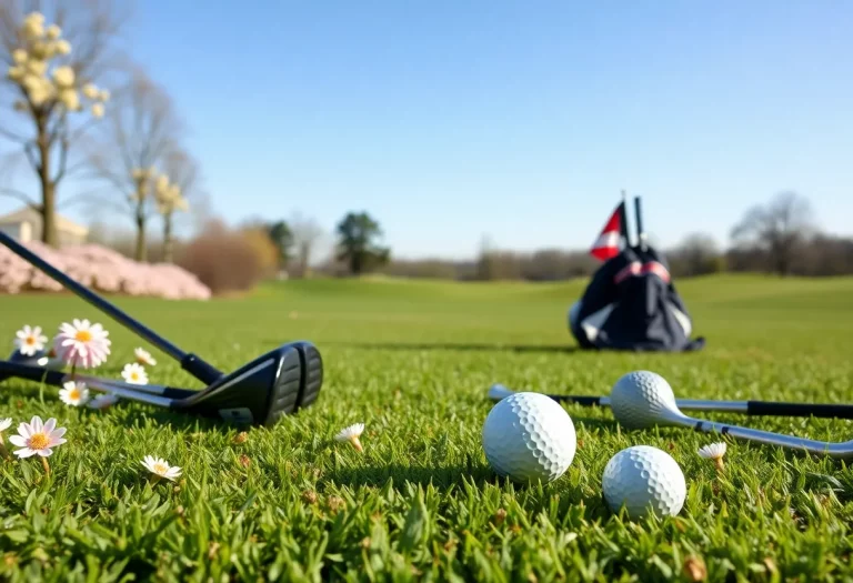 Spring scene at a high school golf course with golf equipment.
