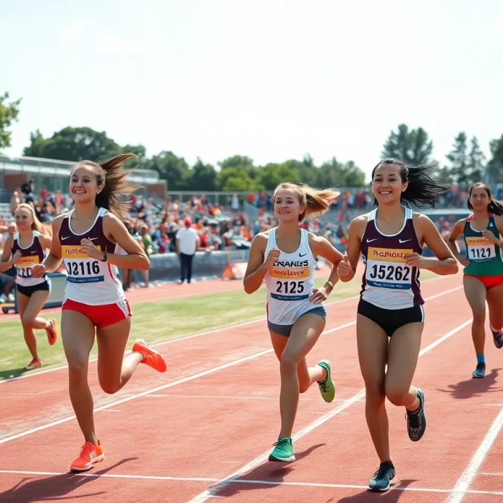 Female athletes competing in track and field during spring season.