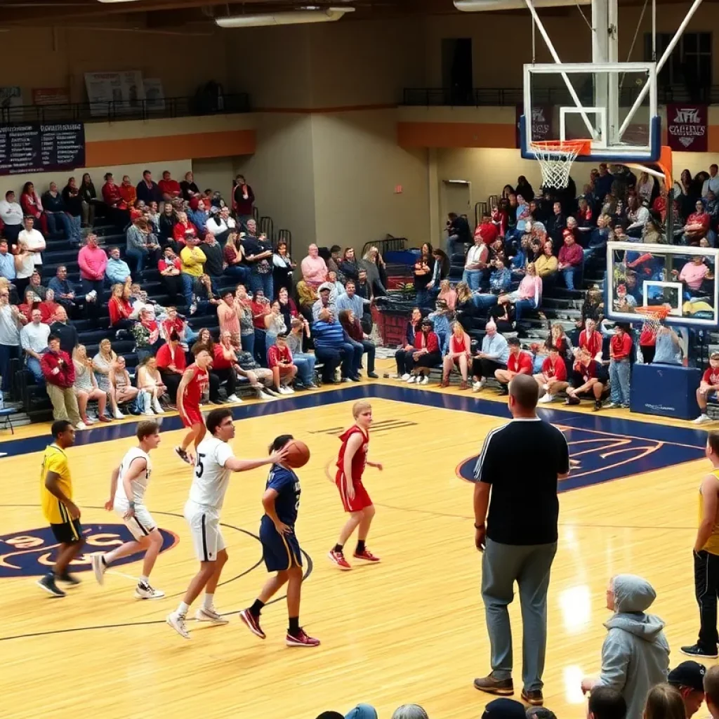 High school basketball game in Springfield with fans cheering