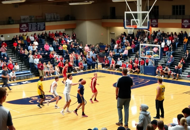 High school basketball game in Springfield with fans cheering