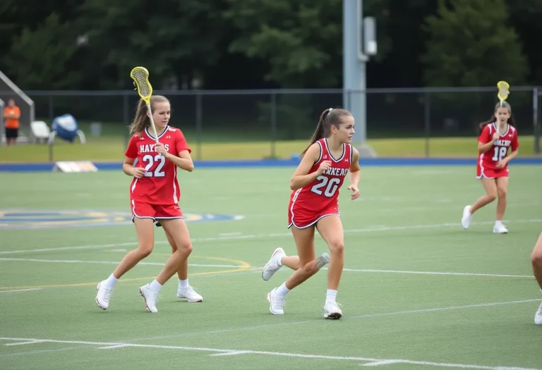 Girls lacrosse players from St. Stephen's & St. Agnes competing in a game.