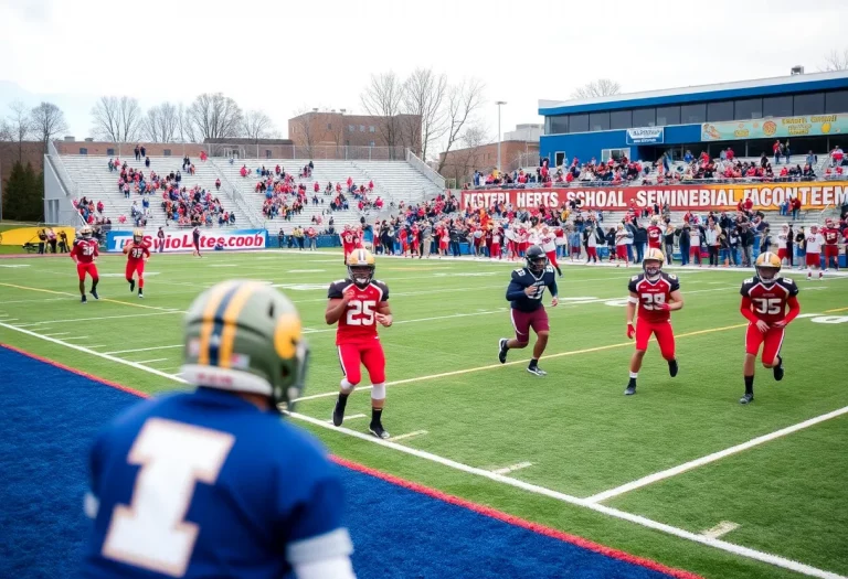 Students practicing football on the field at Staples High School