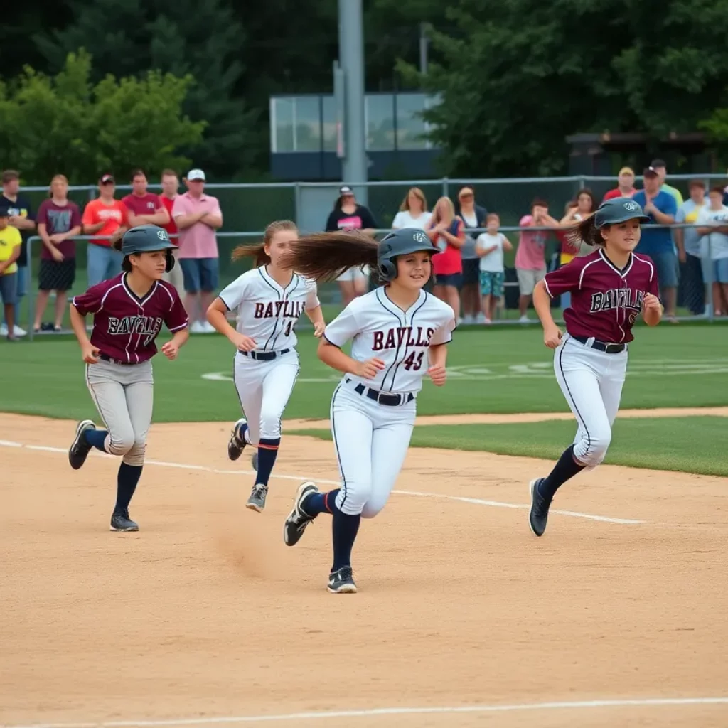 High school softball game in action with players and crowd