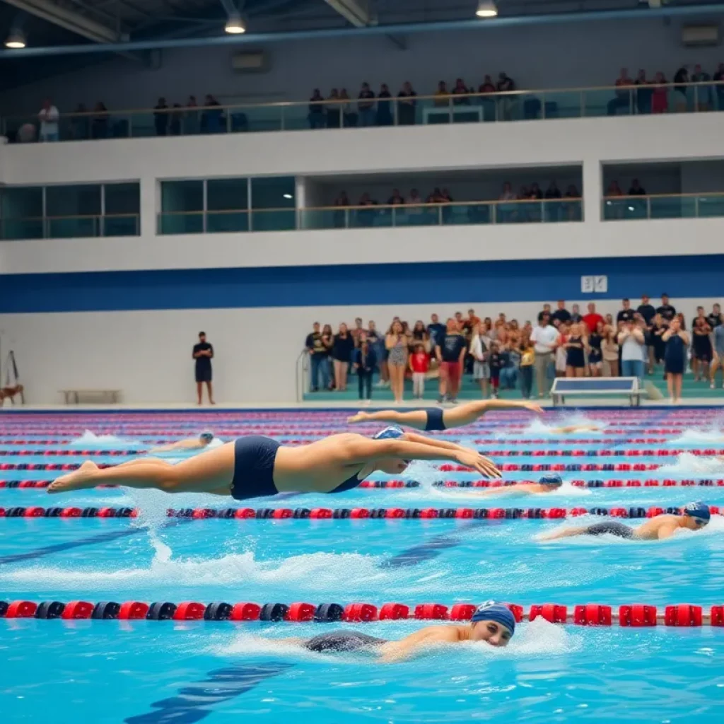 Athletes competing in the swimming and diving championships at an aquatic center