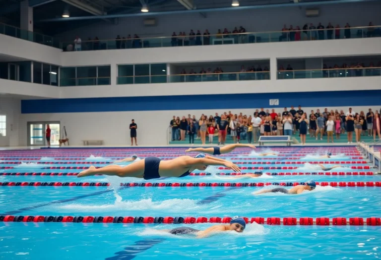 Athletes competing in the swimming and diving championships at an aquatic center