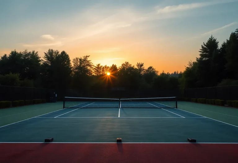 Tennis court at sunset marking a coach's retirement