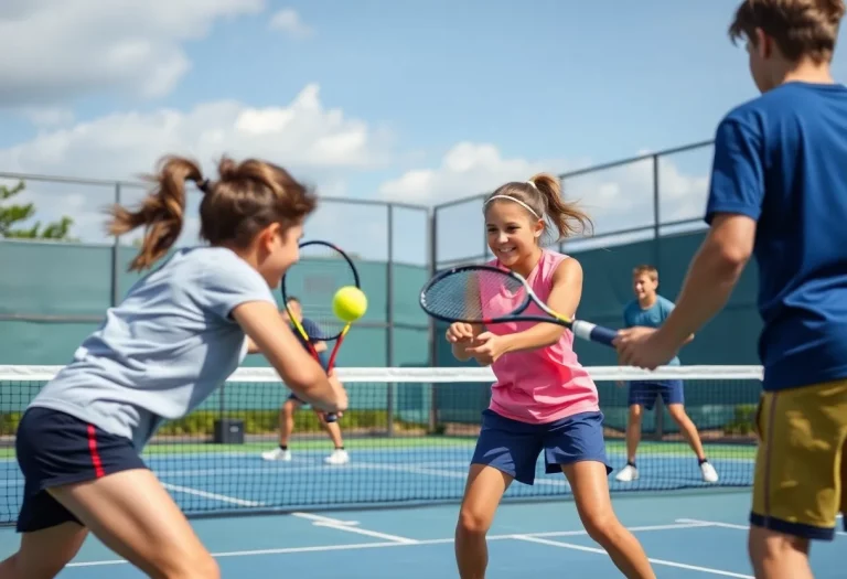 Young athletes competing in a tense tennis match