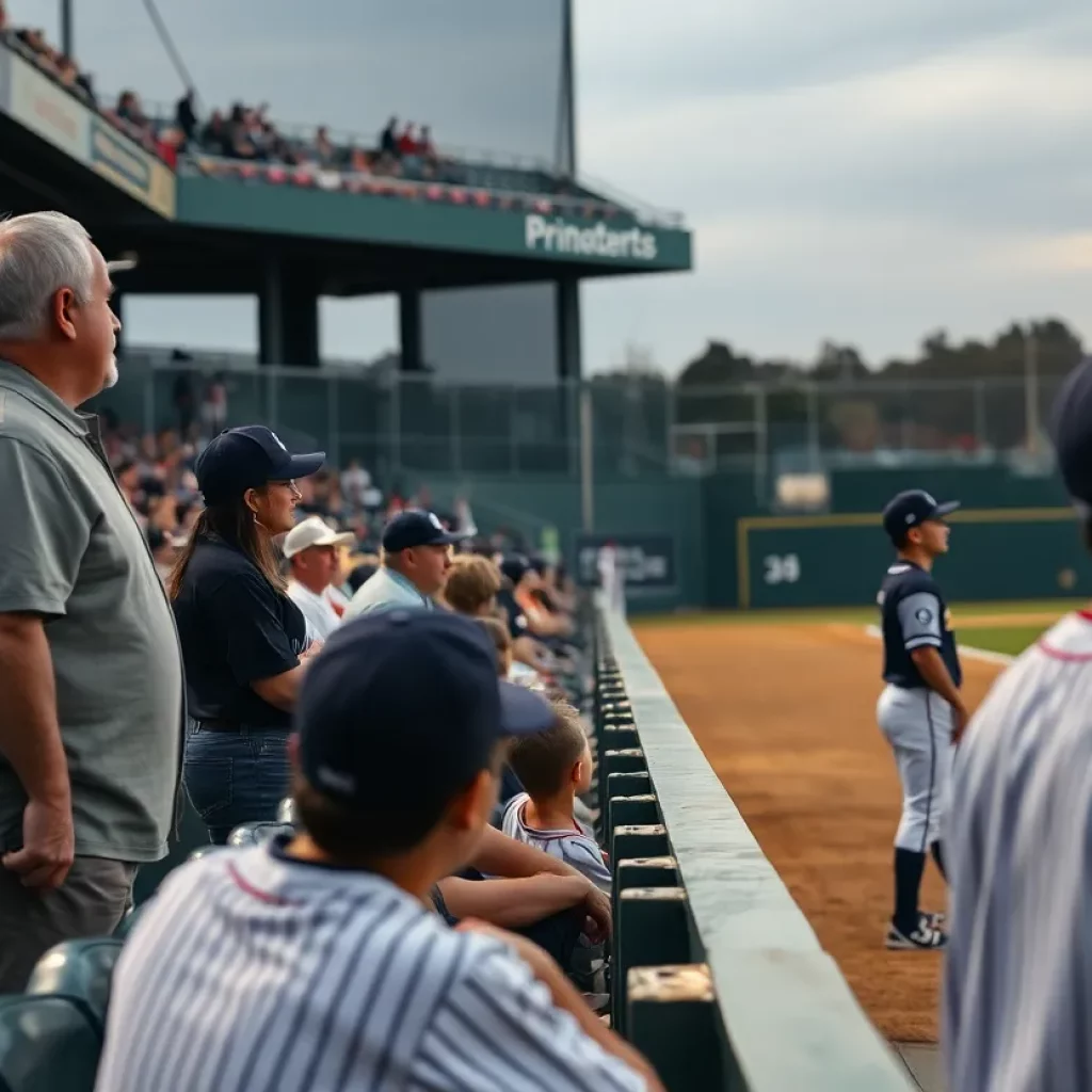 Concerned parents watching a baseball game