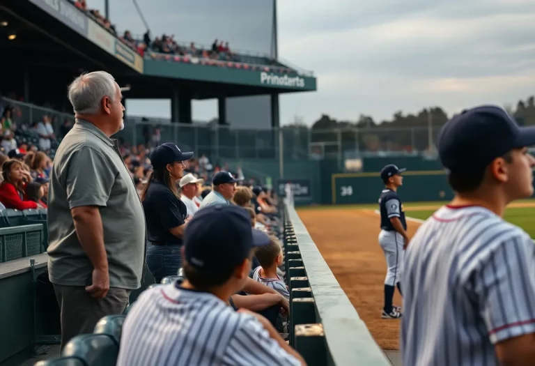 Concerned parents watching a baseball game