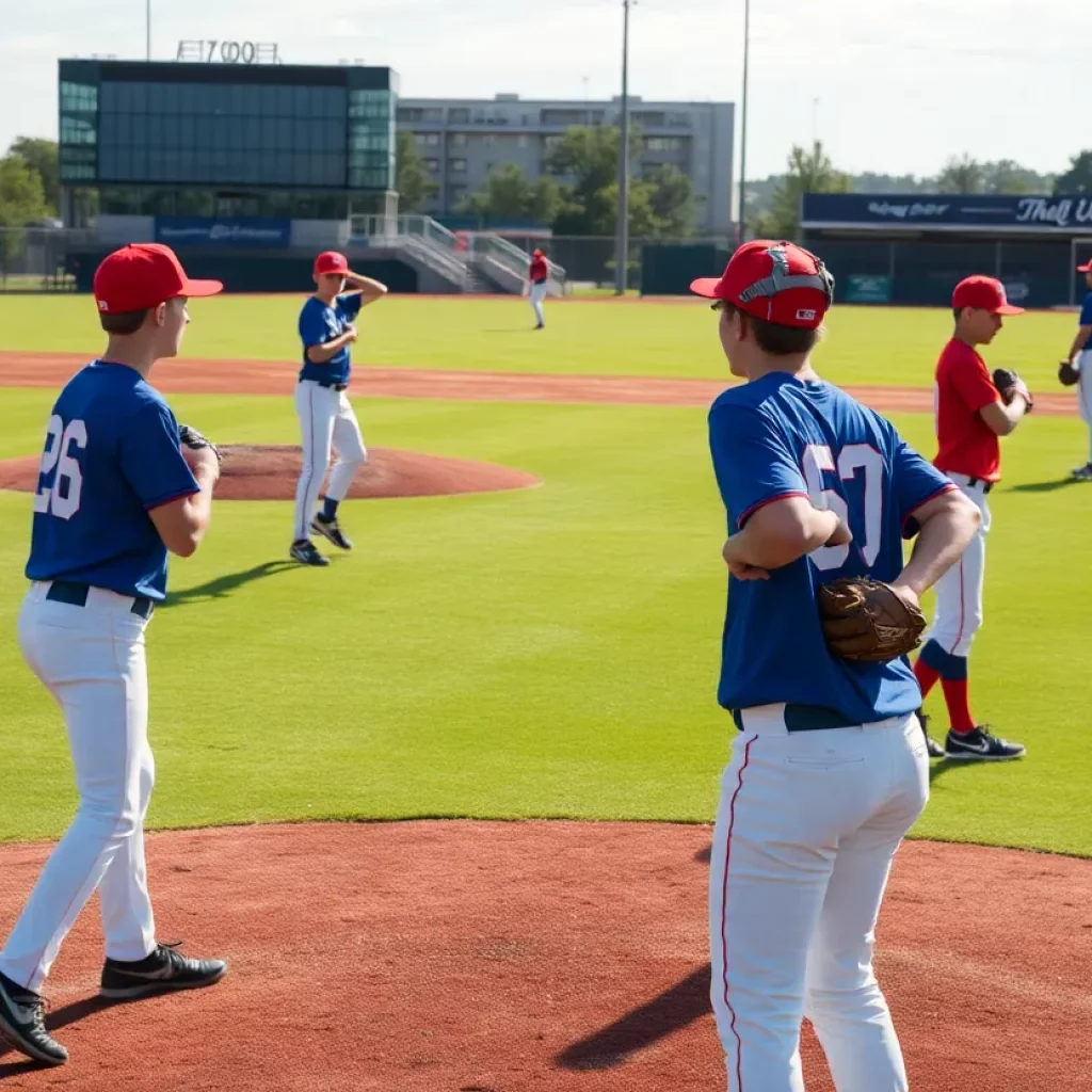 Young pitchers practicing on a Texas baseball field