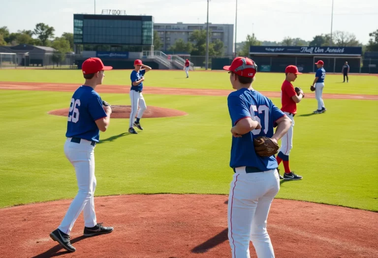 Young pitchers practicing on a Texas baseball field