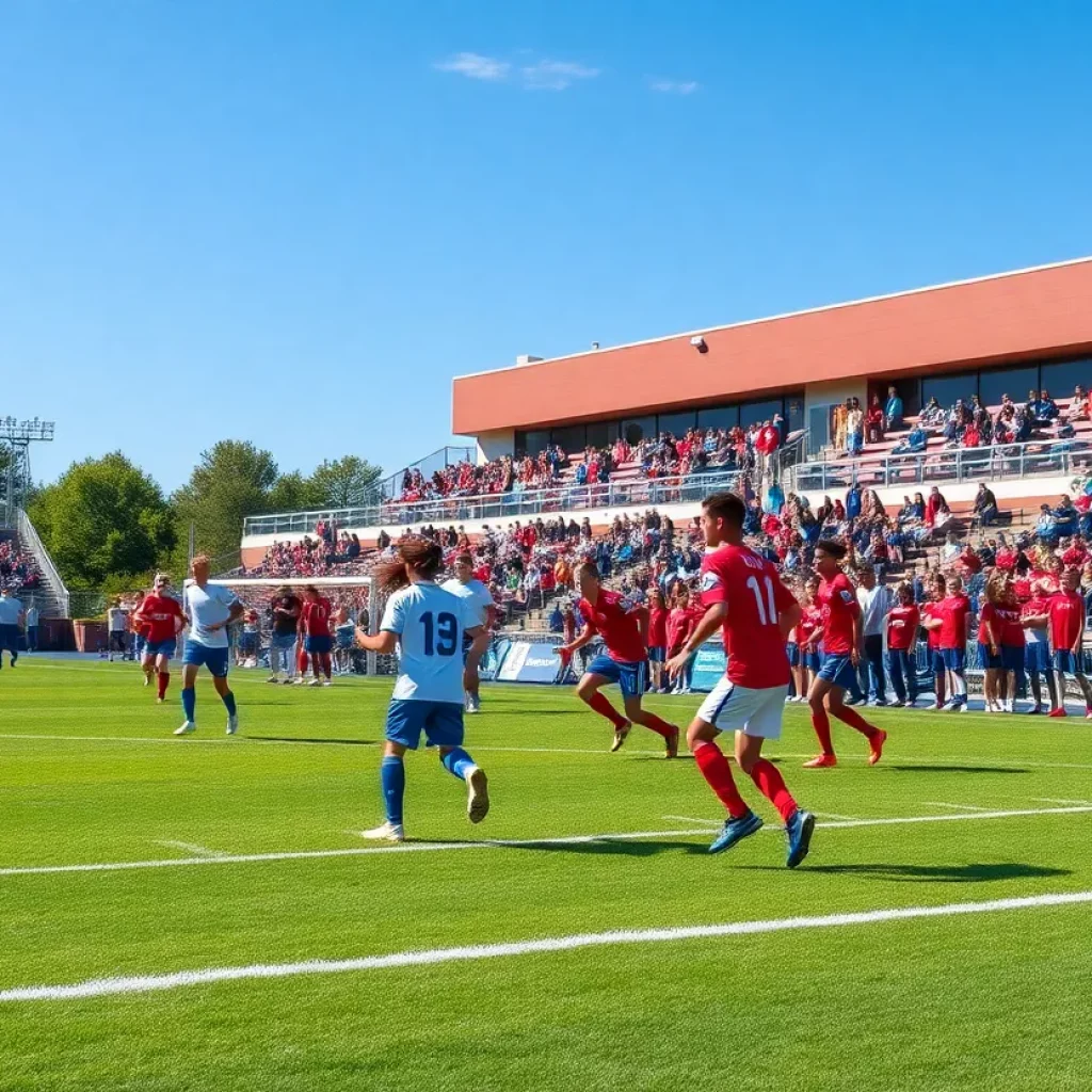 High school soccer match in Texas with players and fans.