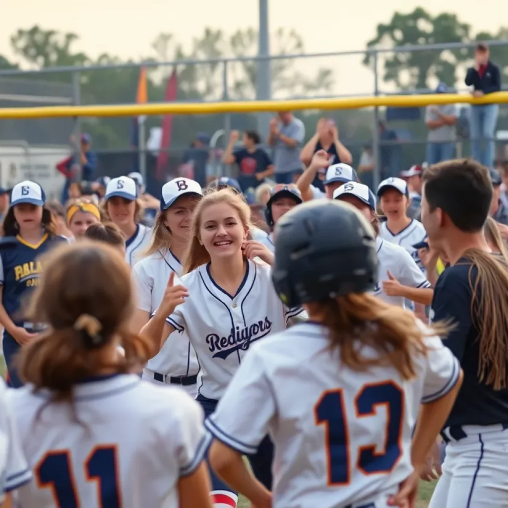 High school softball players and coaches engaged in a heated moment during a championship game.