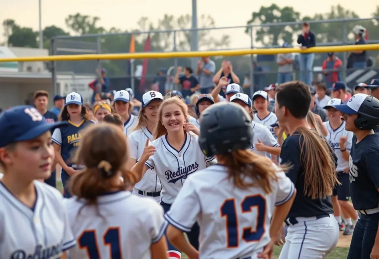 High school softball players and coaches engaged in a heated moment during a championship game.