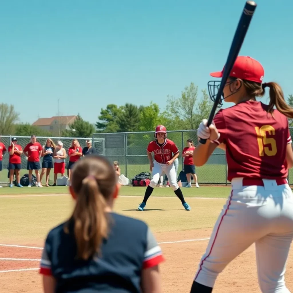 High school softball teams playing during a game under sunny skies.