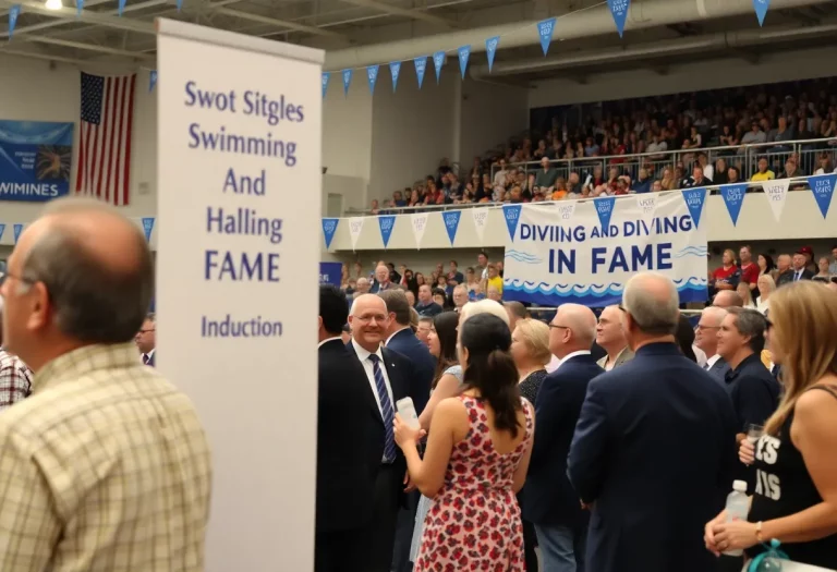Scene of the Texas Swimming Hall of Fame induction ceremony with attendees celebrating.