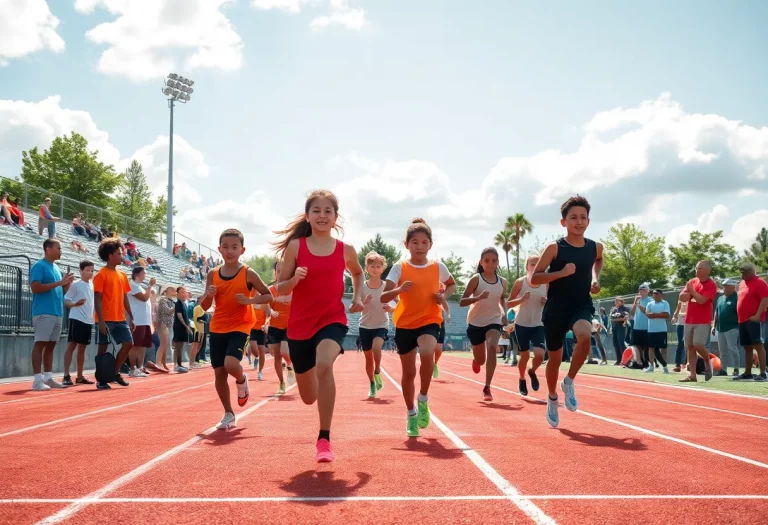 High school track athletes practicing at a sunny outdoor track field