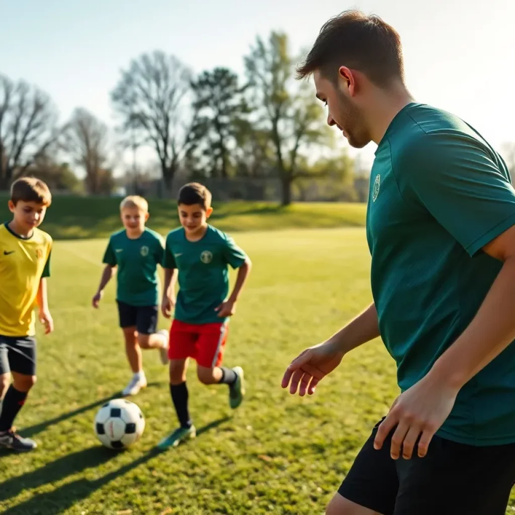 Travis Kelce coaching young athletes during offseason training.