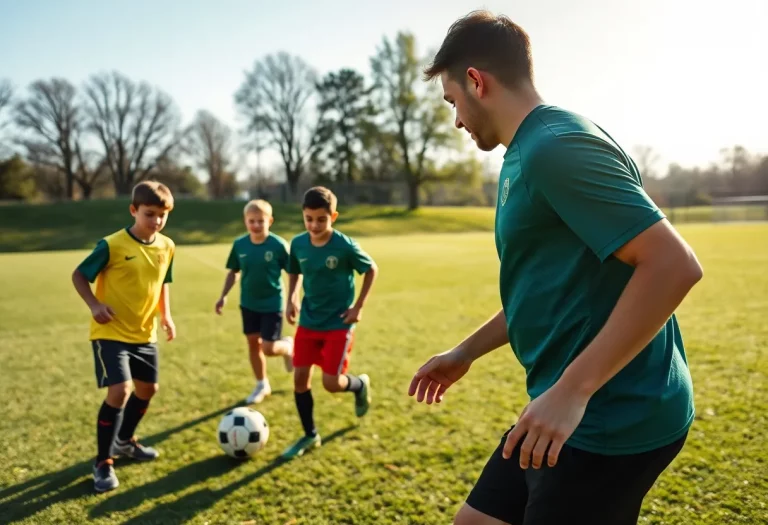 Travis Kelce coaching young athletes during offseason training.