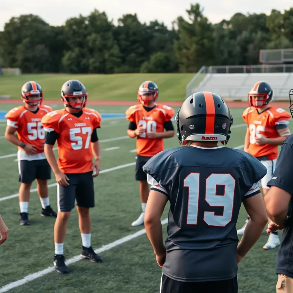 High school football players training with a coach on the field