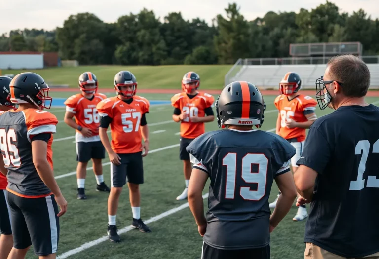 High school football players training with a coach on the field