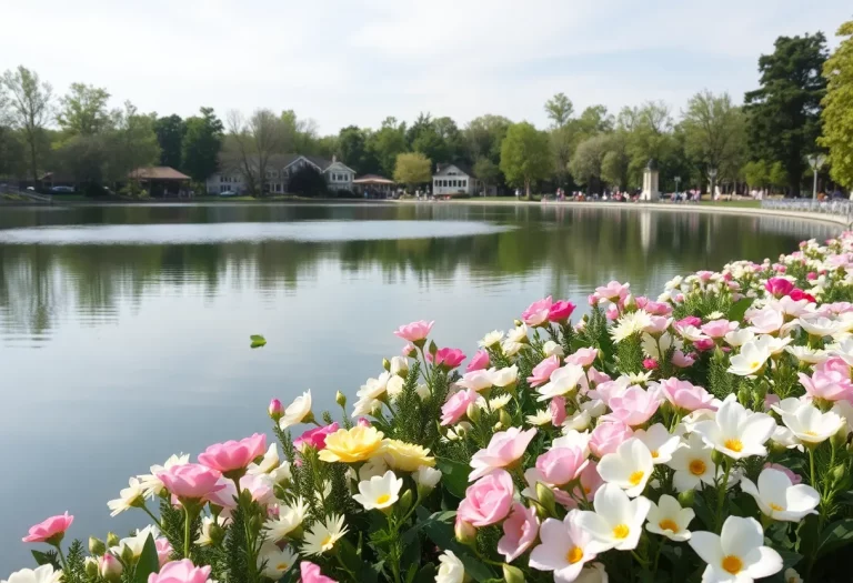 Serene lake with flowers representing a community tribute