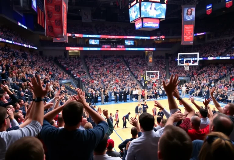 UConn women's basketball team in action during a game.