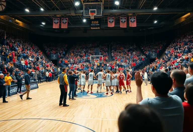 UNC Basketball team in a huddle on the court