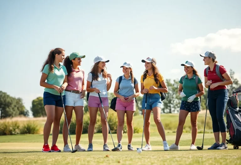 High school girls playing golf together on a sunny course