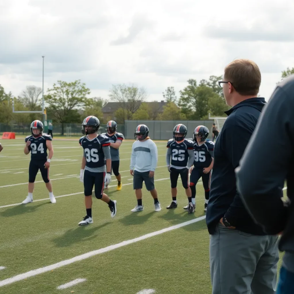 High school football players practicing under the supervision of a coach on the field.