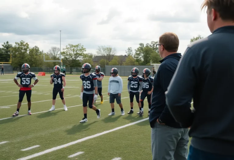 High school football players practicing under the supervision of a coach on the field.