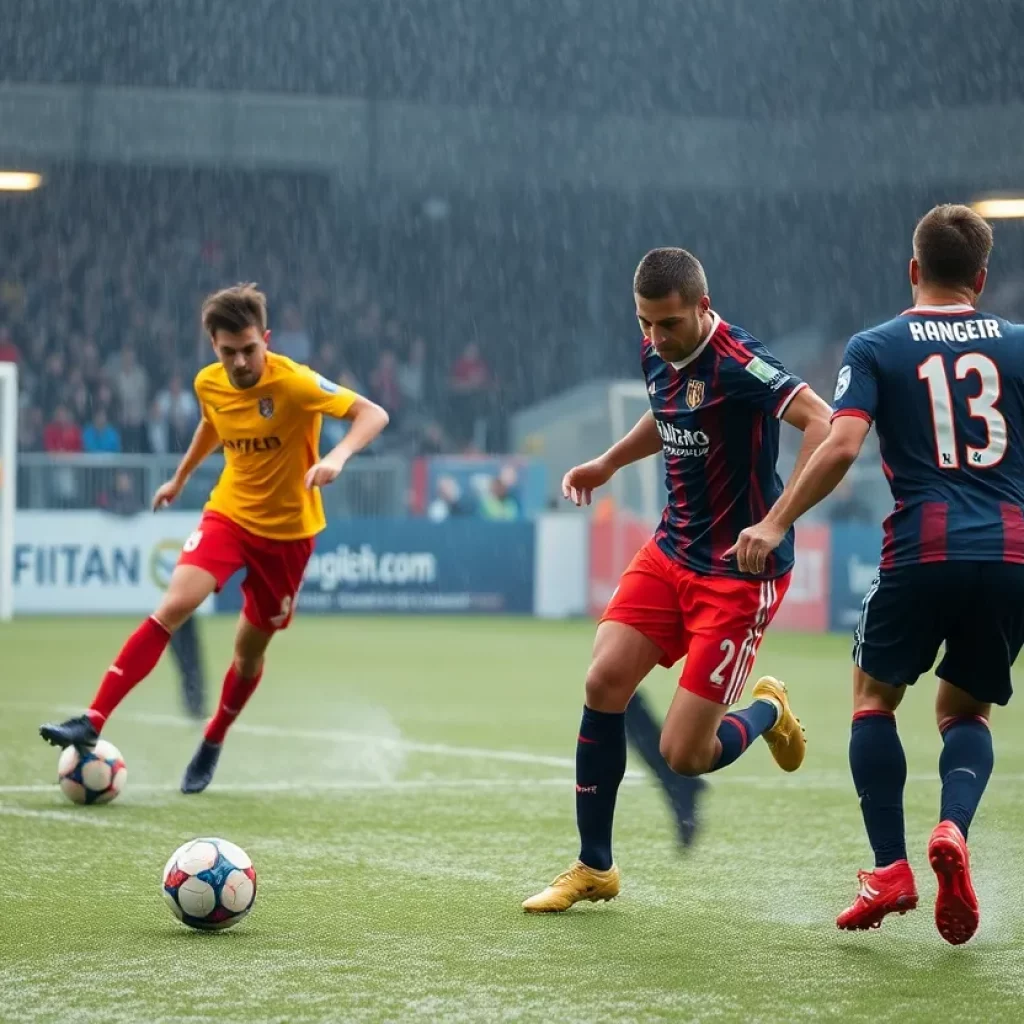 Walla Walla Blue Devils soccer team playing against Chiawana Riverhawks in the rain