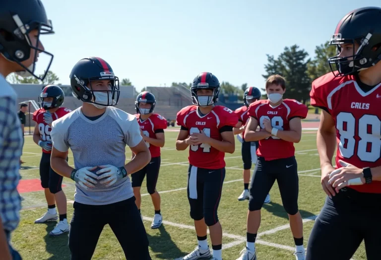 Football players practicing drills while maintaining safety measures.