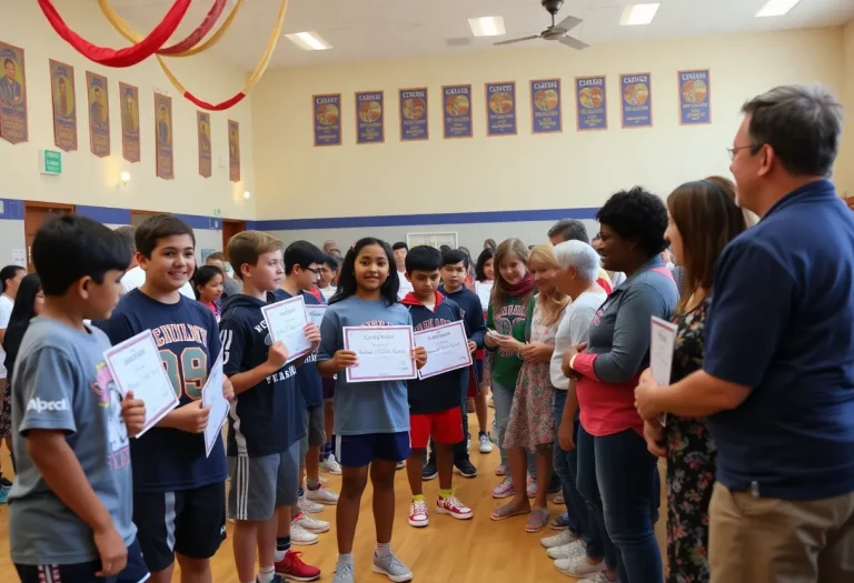 Young athletes receiving scholarships in a celebratory event