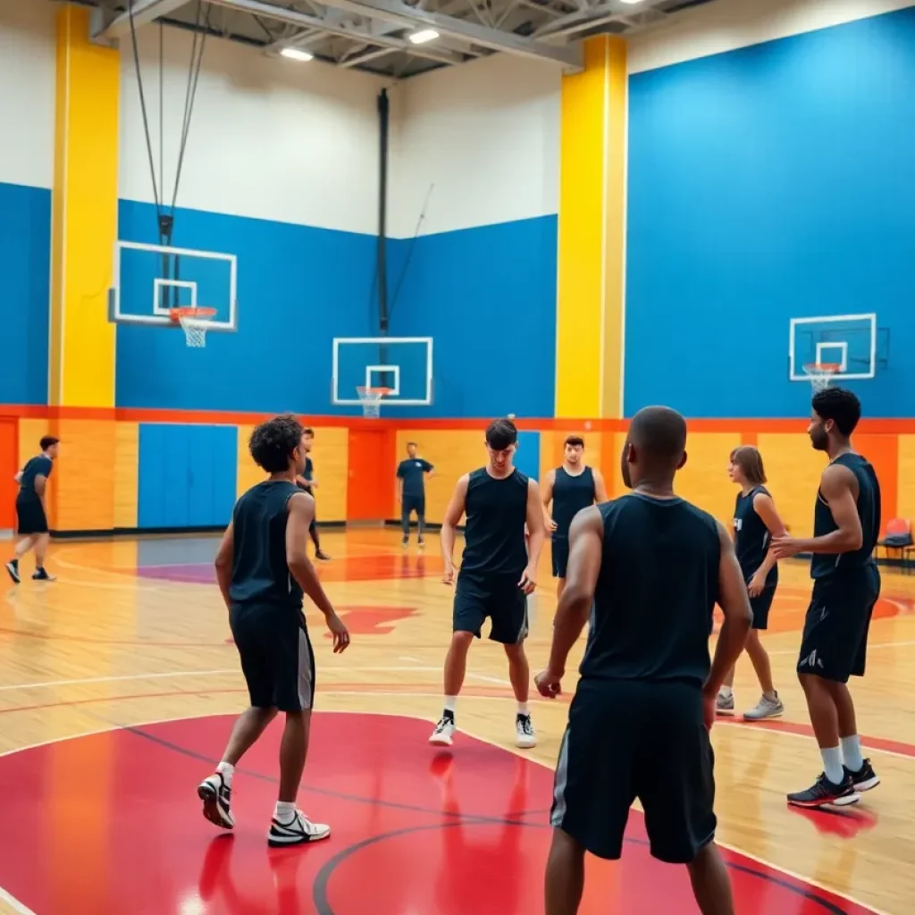 Players practicing on a basketball court at Washington High School